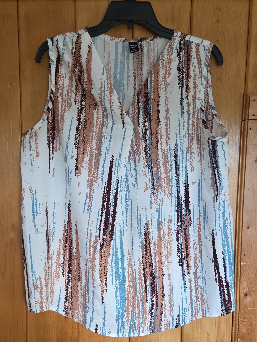 Sleeveless V-Neck Women’s Top in White with Blue and Brown Brushstroke Print